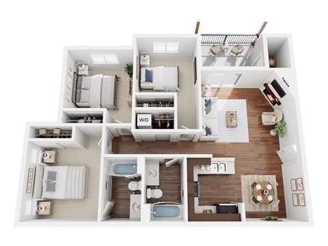 A top-down view of a well-organized apartment layout.